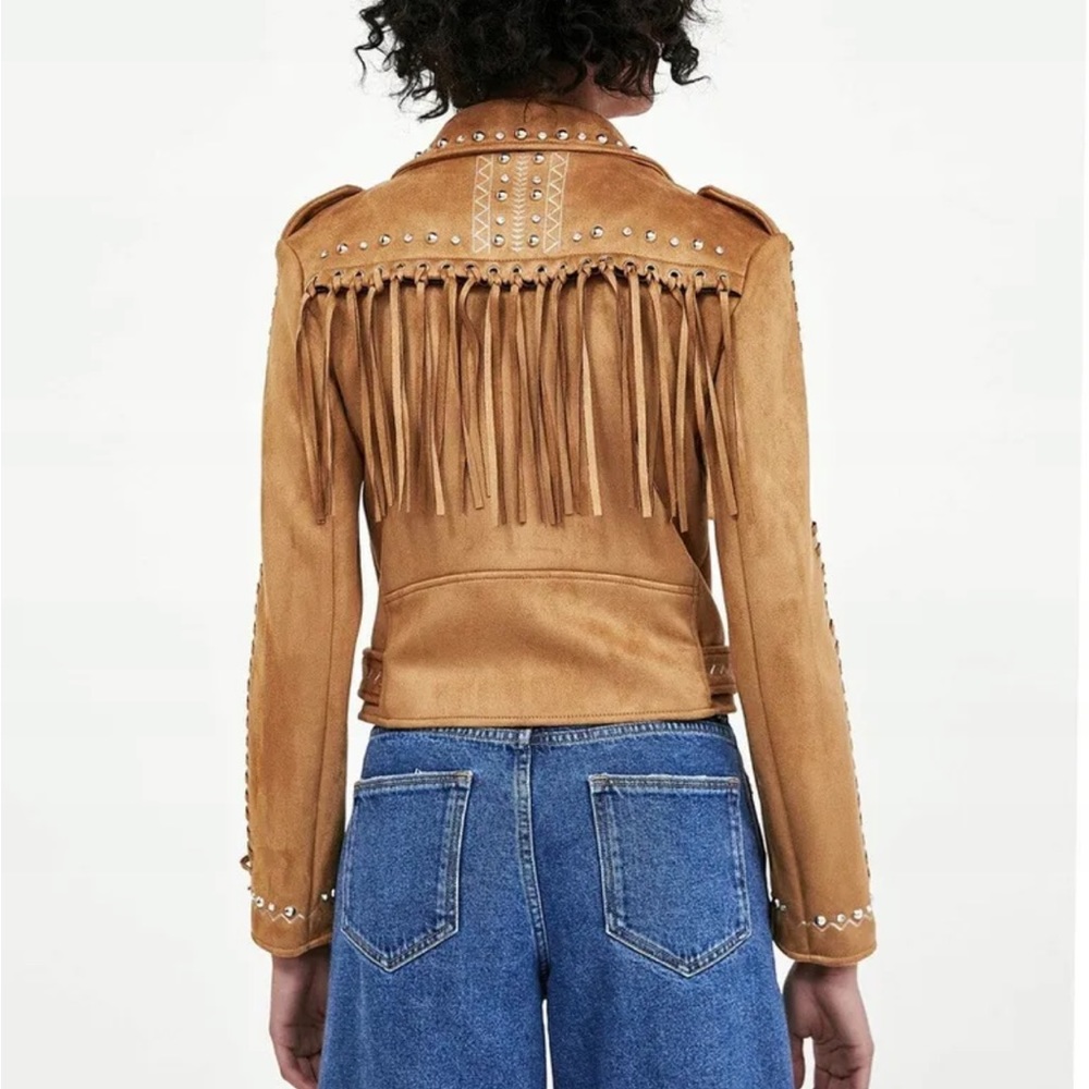Zara Faux Suede Fringe Biker Jacket Stud Detail small EUC - Picture 3 of 16